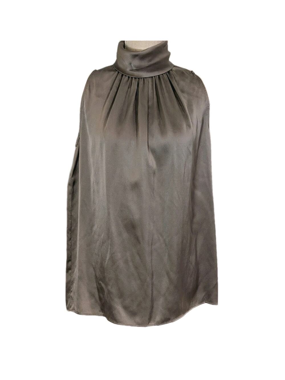 Vince Women's Sz 10 Blouse 100% Silk Dark Taupe Sleeveless Stand Color Luxury